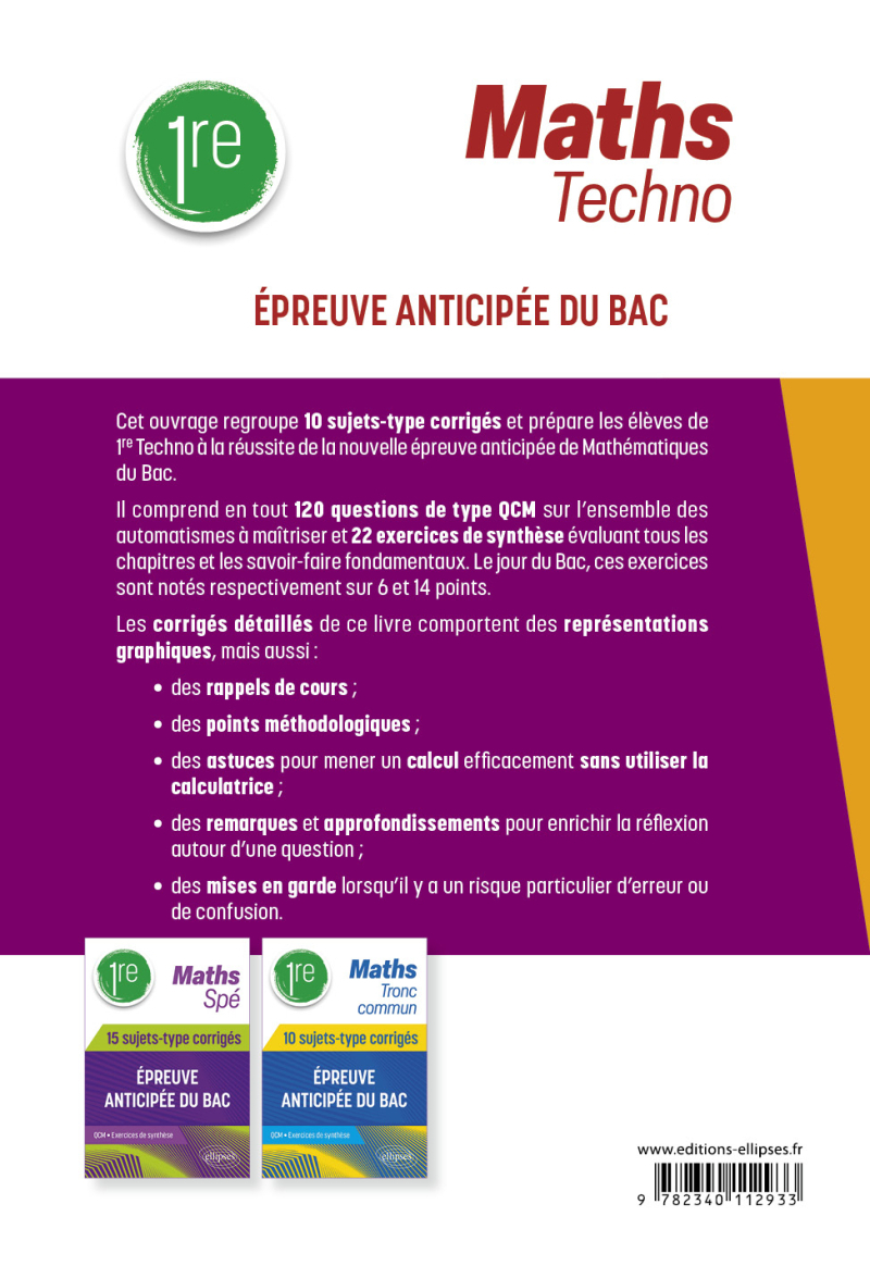 Techno Math Maths Techno - 1re - 10 sujets-type corrigés de l’épreuve anticipée du Bac